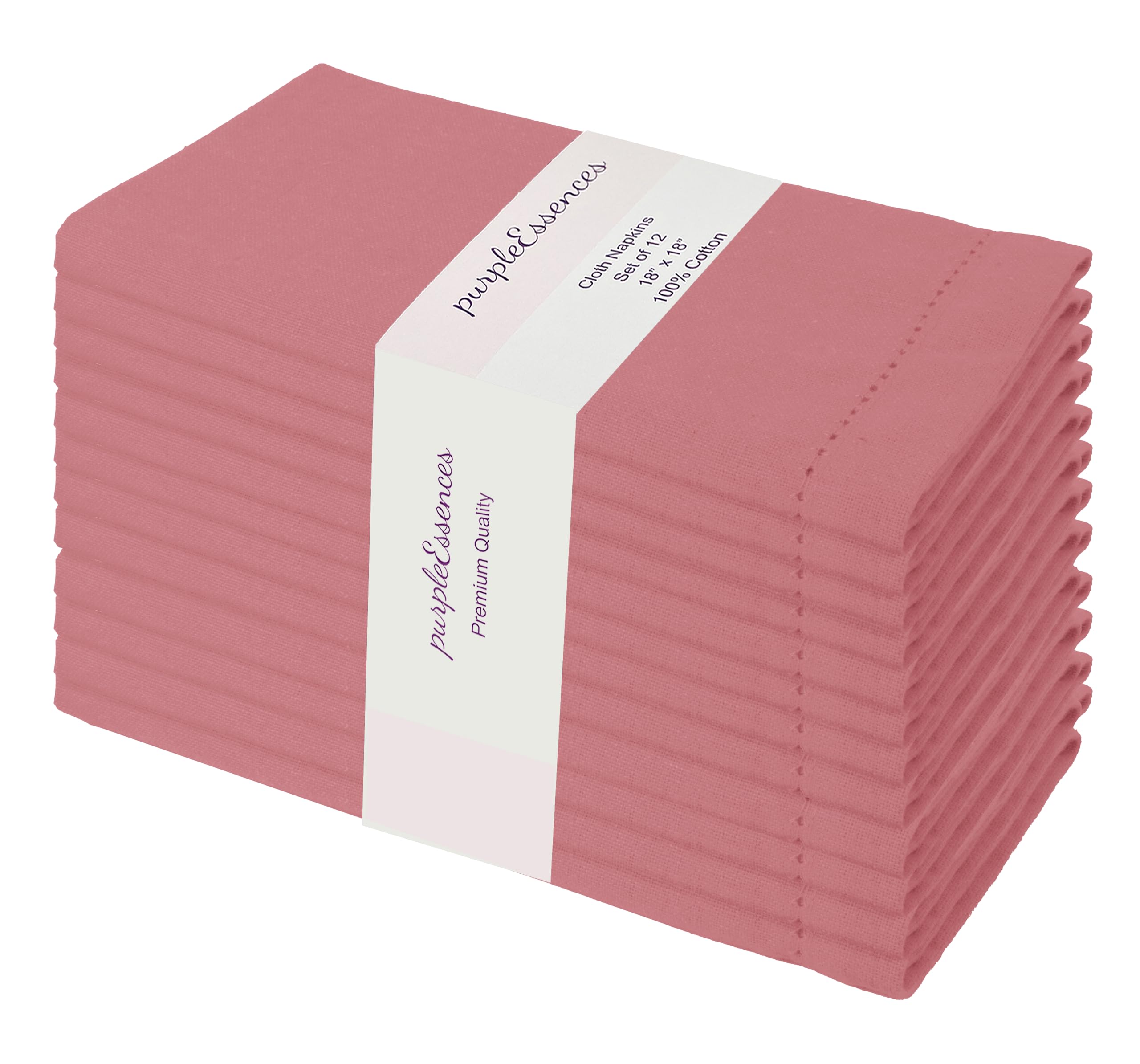 PurpleEssencesSet of 12 Hemstitch Cloth Dinner Napkins 100% Cotton - Soft Durable Washable -Ideal for Events Wedding Spring and Summer - Perfect Everyday Use Table Linen 18x18 - Dusky Rose