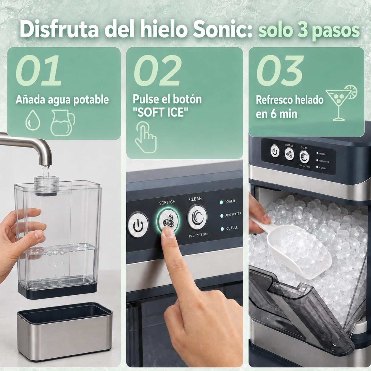 Máquina de Hielo Nugget Masticable, 20kg/24h, Hielo en 8-10 Min | Hielo suave ideal para bebidas, con depósito 1,3L, autolimpieza y diseño compacto para hogar, oficina y fiestas.