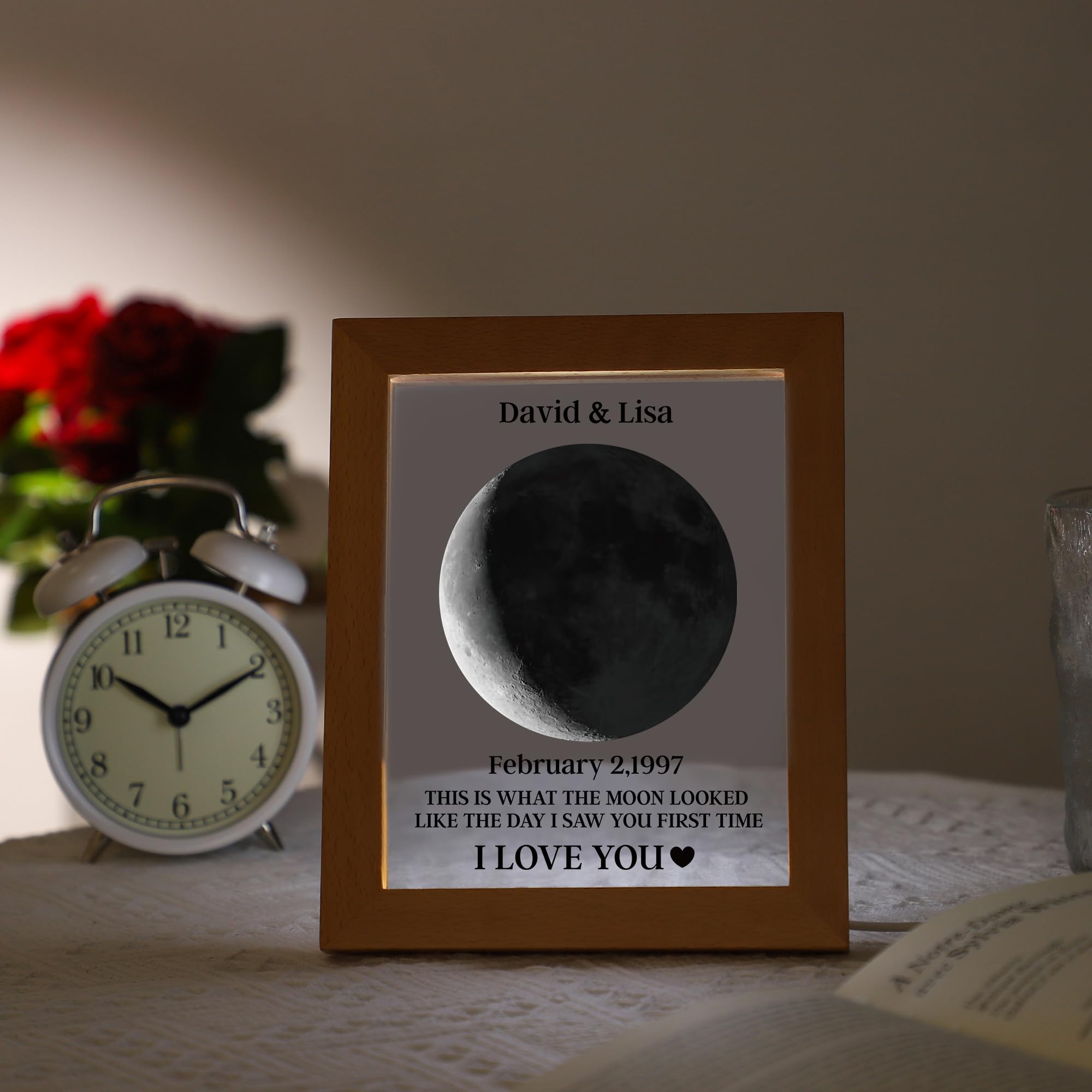 WSYEAR Custom Moon Phase Frame Lamp Wood Lunar Night Light Frame Personalized Birthday Moon Phases Photo Night I Love You Gift for Anniversary — image 1