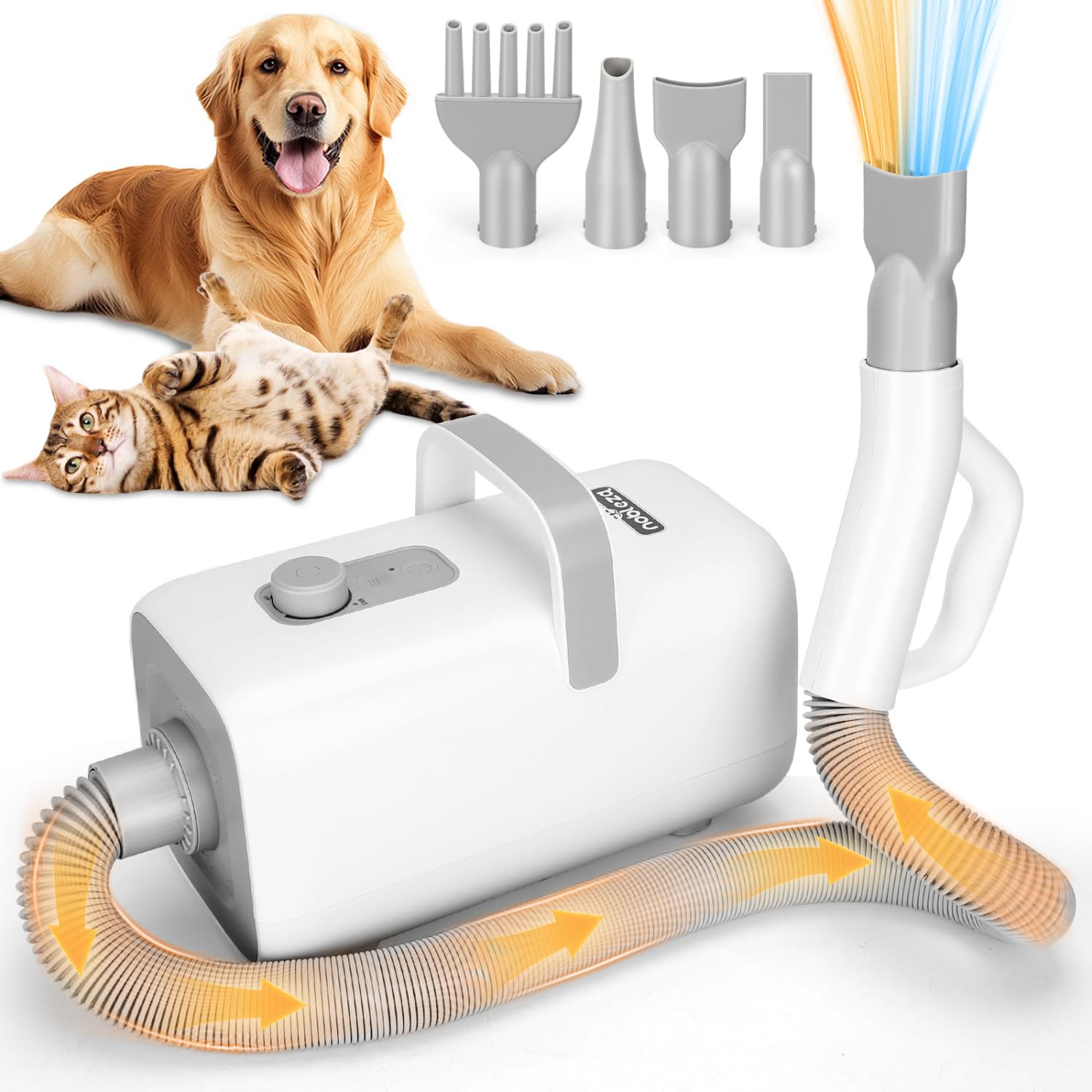 Nobleza Séchoir Professionnel pour Chiens et Animaux de Compagnie avec 4 Embouts, Vitesse/Température Réglables, Tuyau et Brosse Inclus, Faible Bruit