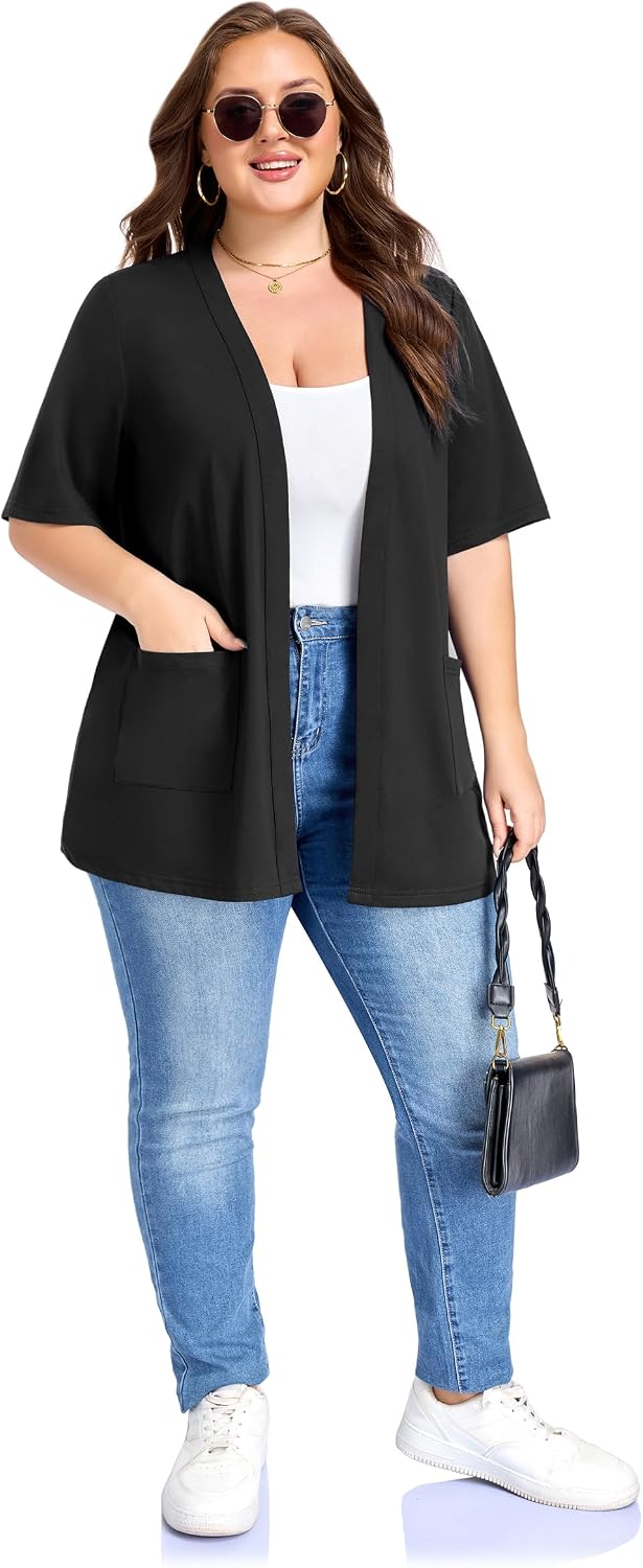 Actcat Plus Size Short Sleeve Cardigan for Womens Lightweight Casual Soft Open Front Cardigan Cover ups with Pockets