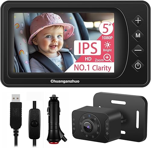 Cámara USB para bebé con claridad n.º 1, monitor de coche de bebé HD 1080P IPS de 5 pulgadas con zoom 3X, cámara de asiento trasero/coche/asiento