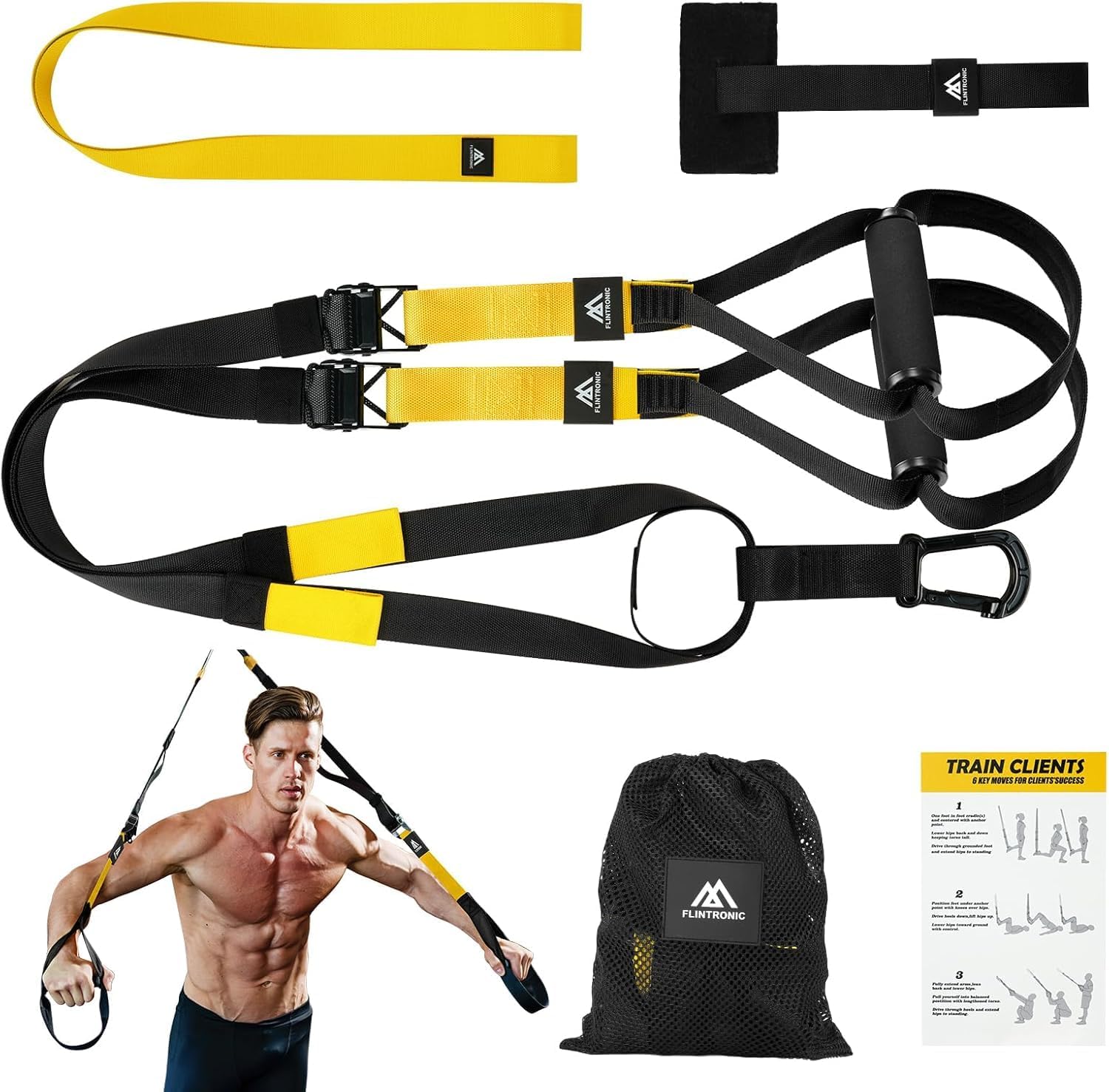 flintronic Kit d'entraînement à Suspension, Sangles de Suspension Multifonction Kit, d'entraînement Tout-en-Un avec Sangles Réglables pour Brûler des Graisses, Construire du Muscle -Jaune