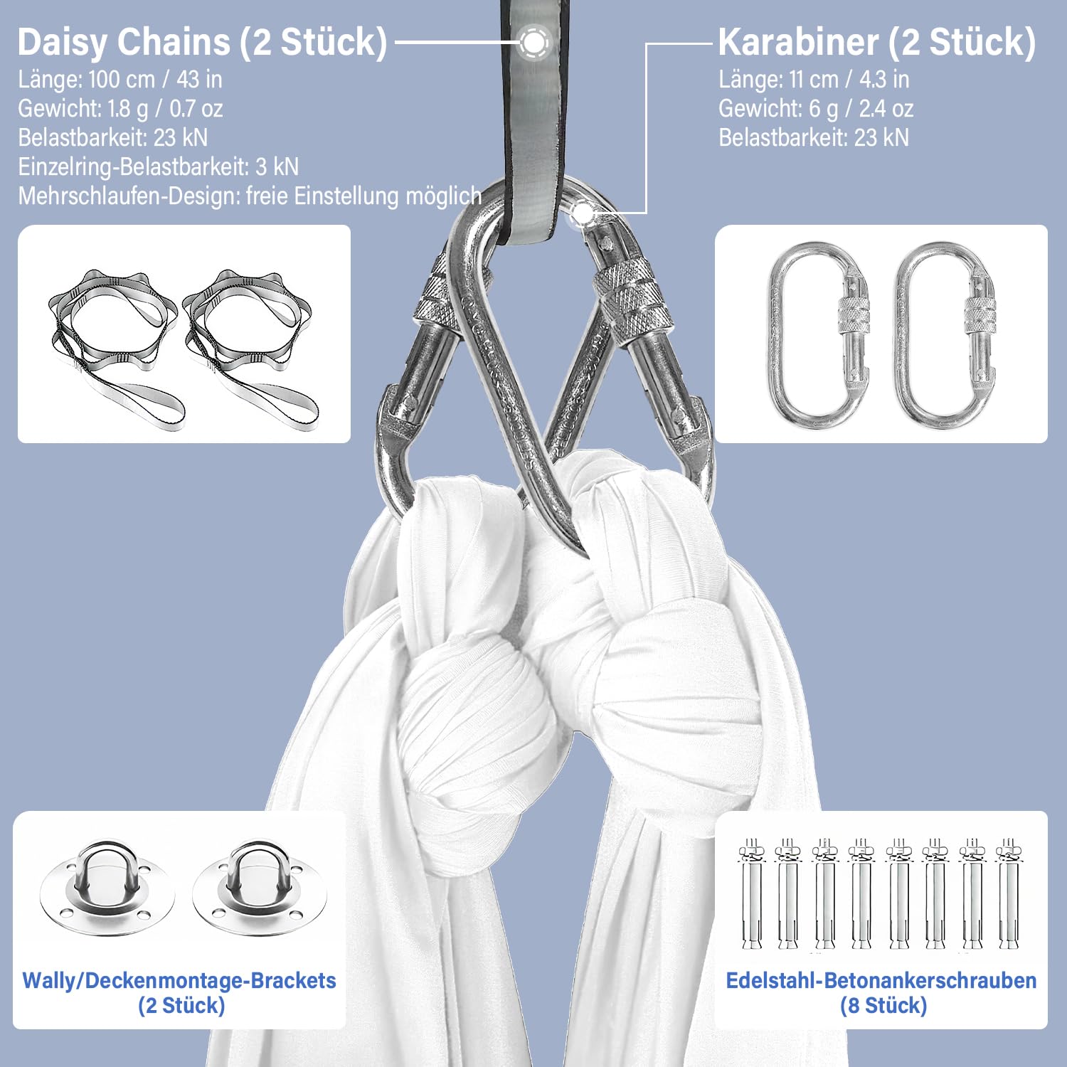 yogatuch Professionell set - 500x200cm Atmungsaktives Tuch für Yoga in der Luft, Yoga Swing, Anti-Rutsch, Hohe Tragfähigkeit (bis 300kg) - Inkl. Karabiner & Aufbewahrungstasche