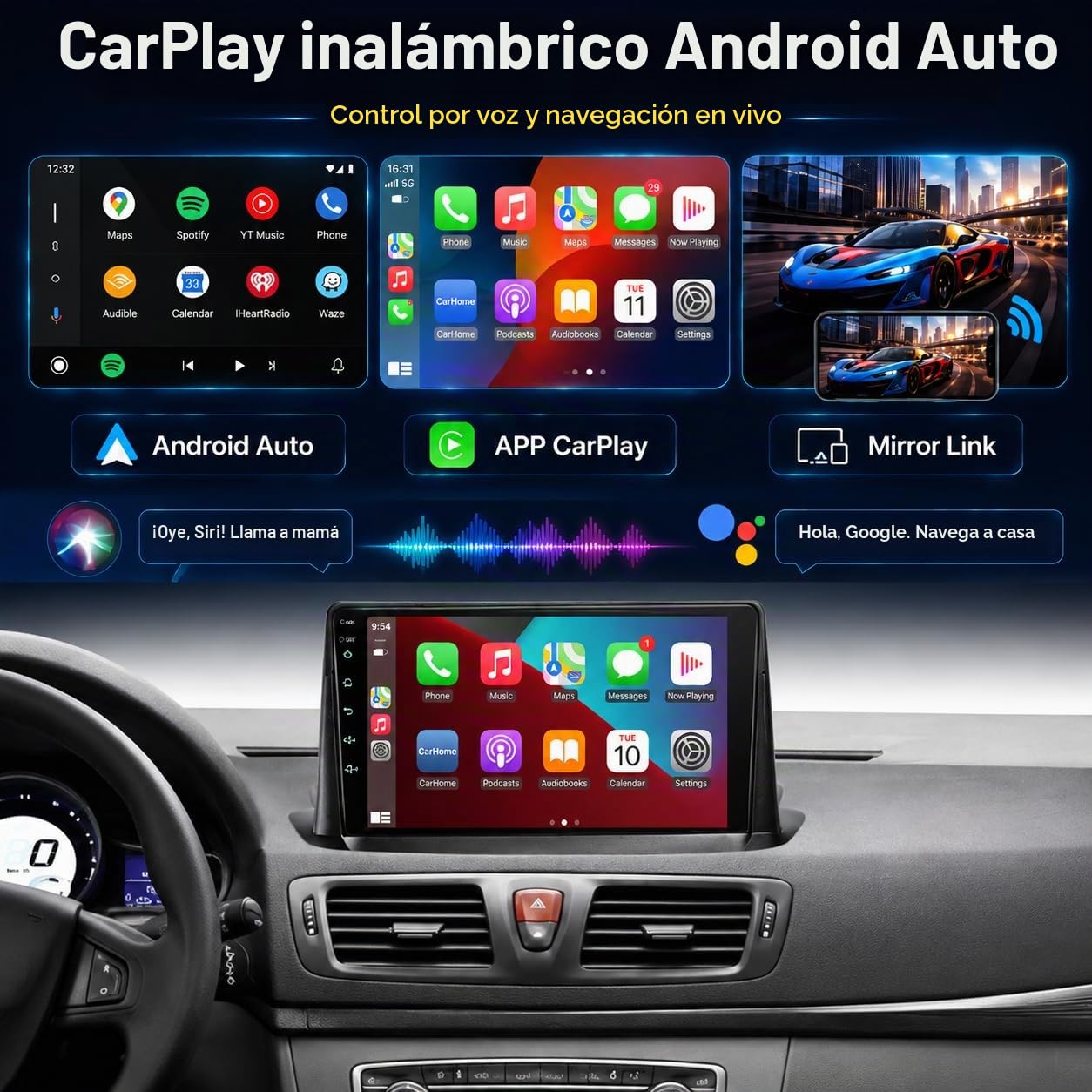 Pantalla carplay Renault Megane 3 2009-2014 con Android Auto y CarPlay Inalámbrico 9 Pantall Estéreo con FM/GPS Navegación/USB/Cámara Trasera/Reproductor Multimedia