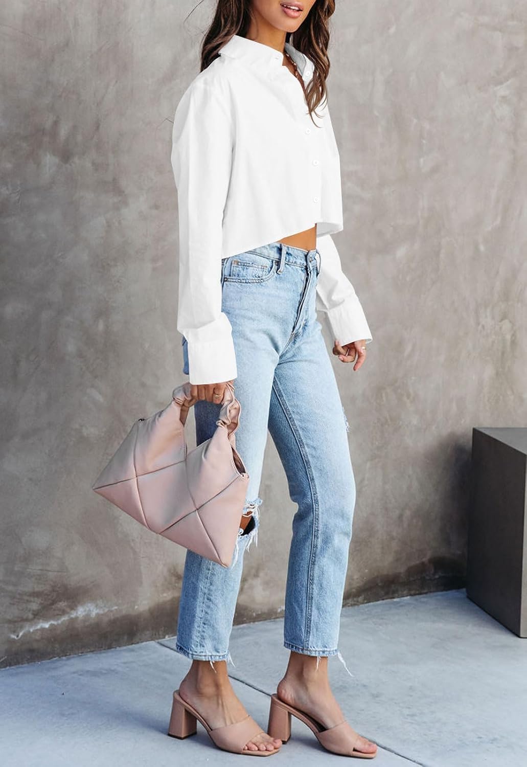 INFITTY Button Down Shirts for Women Long Sleeve Casual Crop Tops Solid Lapel Blouse Shirt with Pocket - Image 4