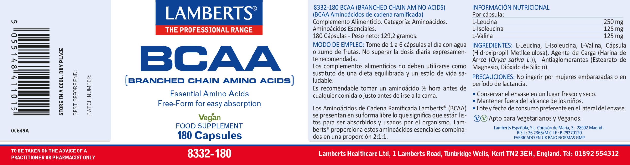 Lamberts BCAA Aminoácidos de Cadena Ramificada | L-Leucina, L-Isoleucina y L-Valina 2:1:1 | Aminoácidos Esenciales en Forma Libre | 180 Cápsulas | Calidad Farmacéutica GMP