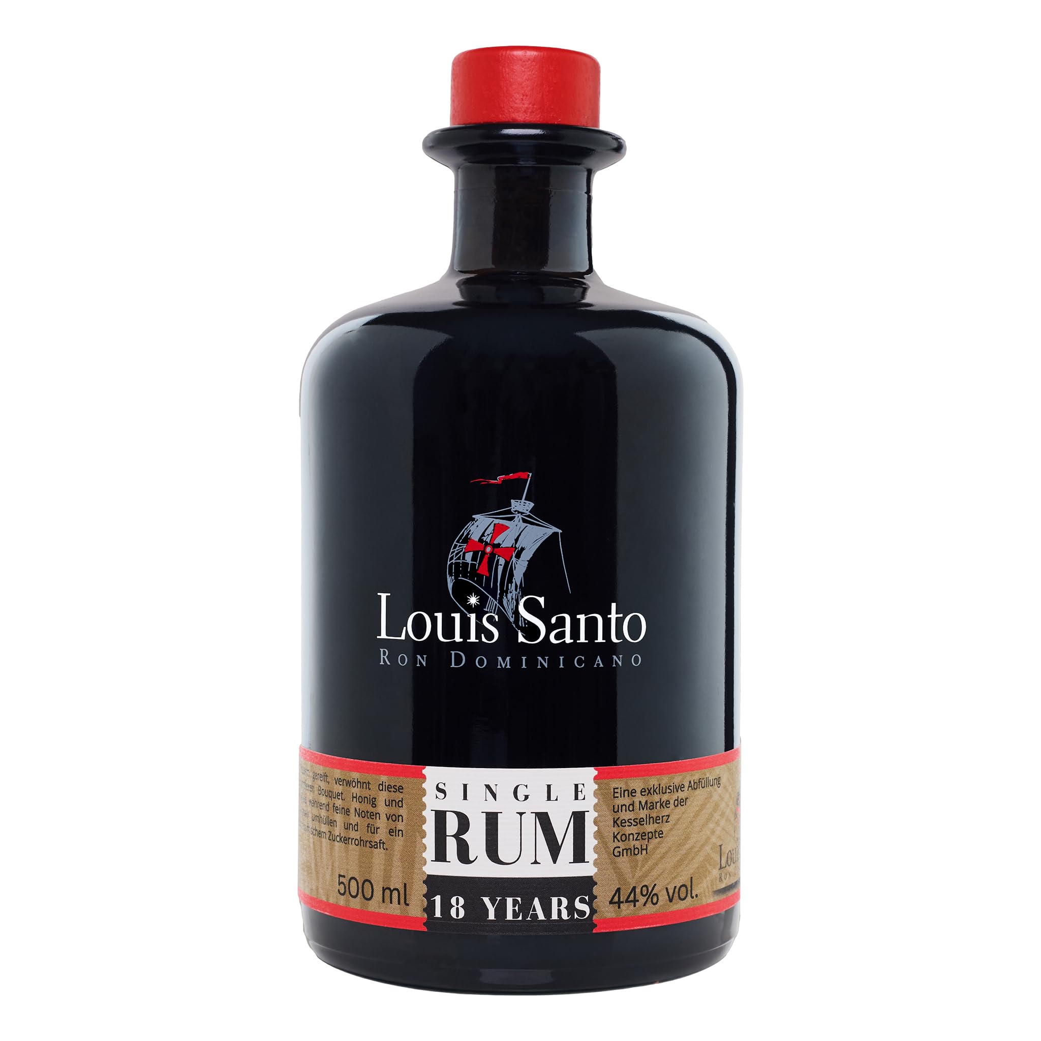 Louis Santo - Premium Single Rum 18 Jahre | Bourbon Cask | Aus Zuckerrohrsaft | Doppelgold prämiert | Ideal als Geschenk | (44% Vol.) | 500ml