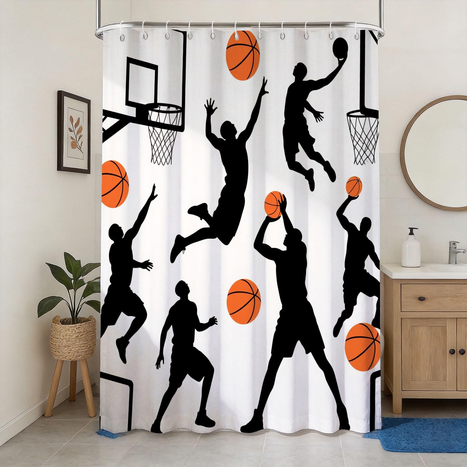 Hongduo 3D Basketball Shower Curtain for Stalls Bathtubs Athlete Silhouette Bathroom Decor Shower Curtain Set Polyester Fabric Waterproof 180x180cm/71X71 Inch with Hooks