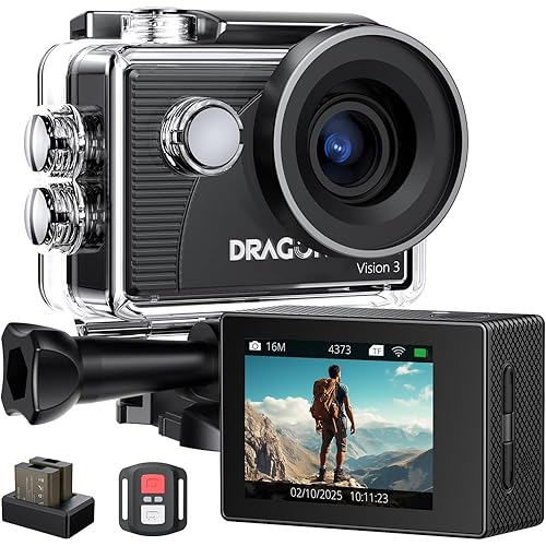 Dragon Touch Action Camera 4K 20MP 30FPS 100FT Waterproof Underwater Camera 170° Wide Angle WiFi Sports Cam with Remote 2 Batteries and Mounting Accessories Kit