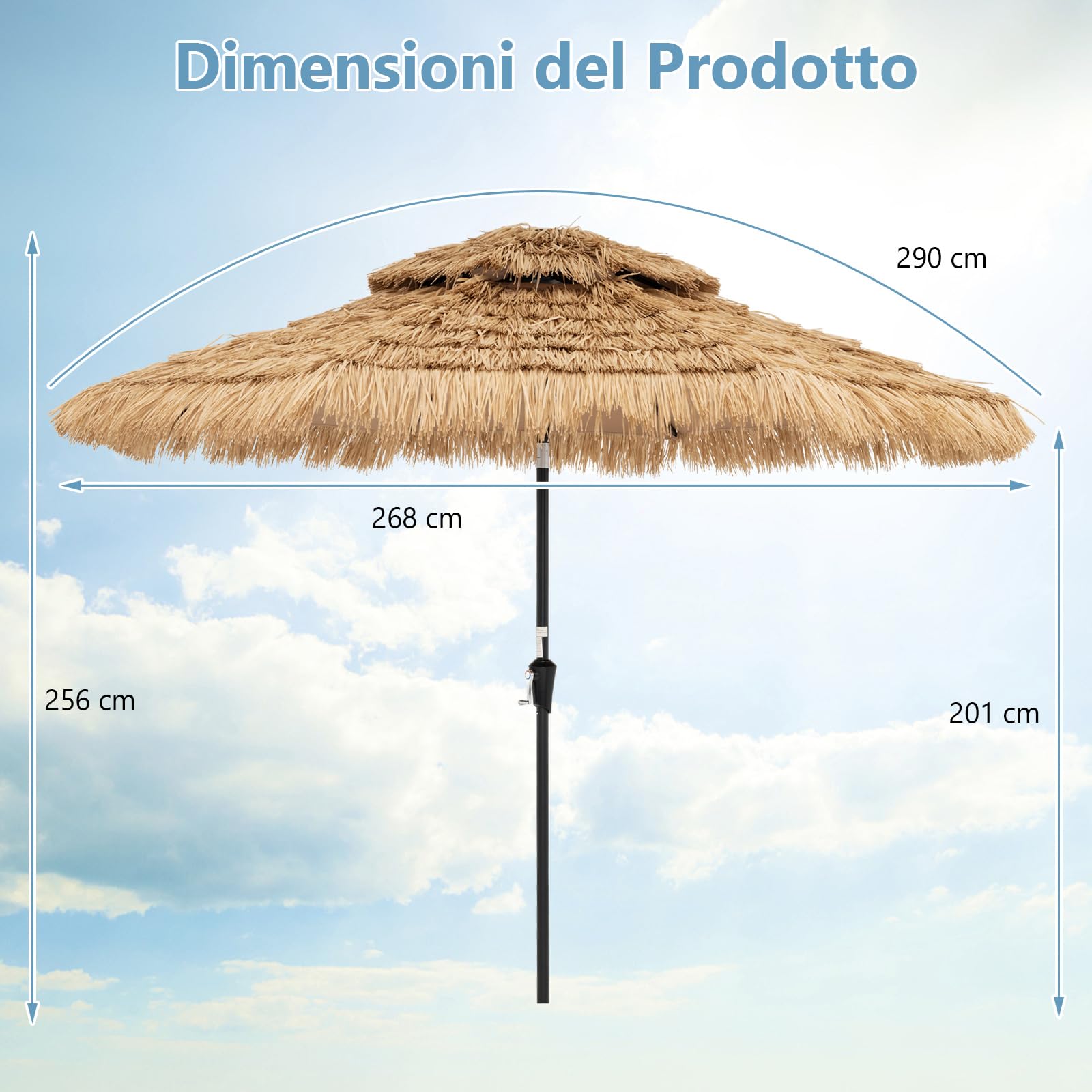 COSTWAY Ombrellone di Paglia in PP 270 cm, con 32 Luci LED, Manovella, Inclinazione Regolabile, Ombrellone Hawaiano da Spiaggia con 8 Stecche (270 cm/32 Luci)