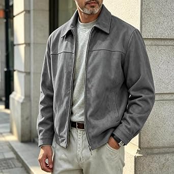Men's Faux Suede Jacket Full Zip Coat Vintage Lightweight Bomber Jackets