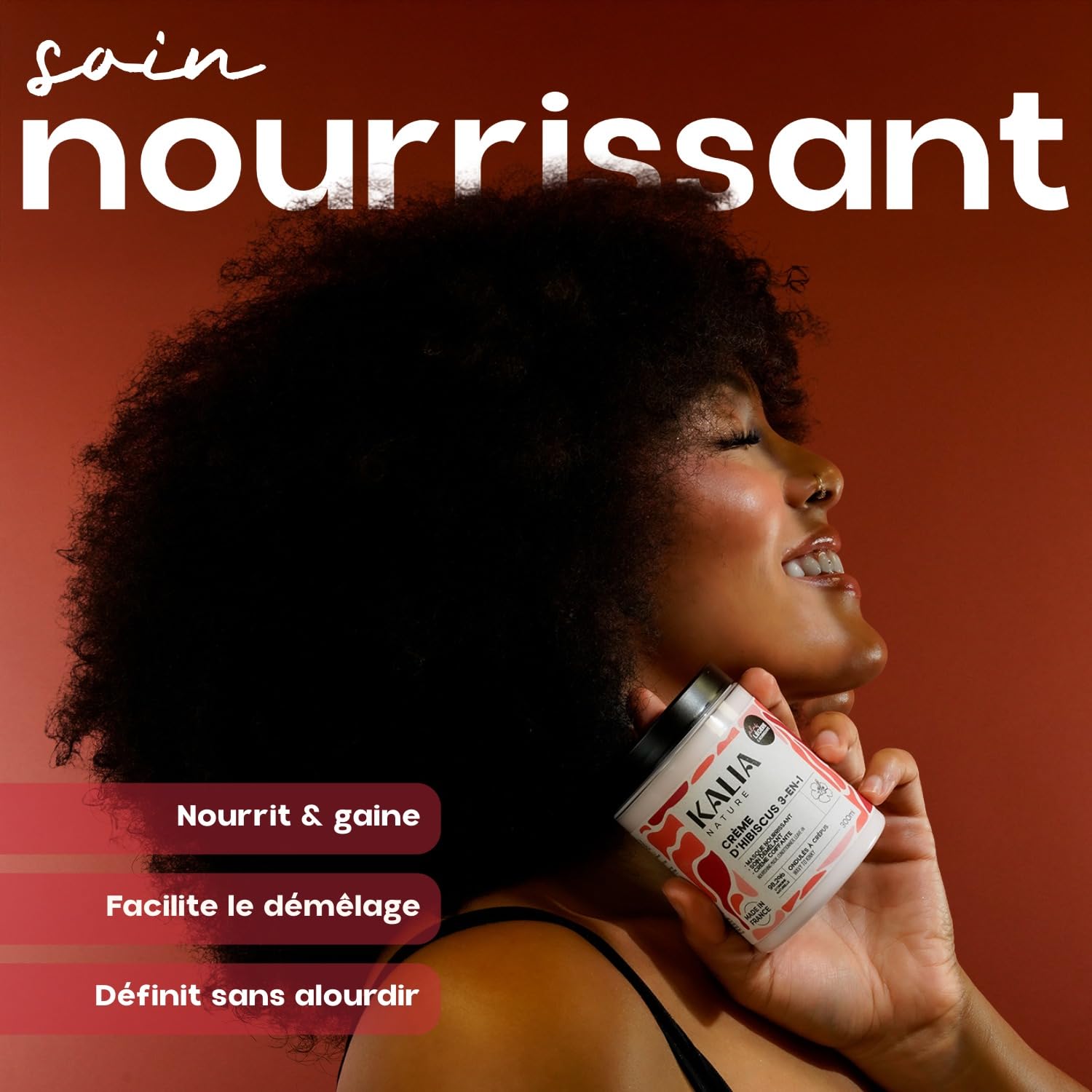 Kalia Nature - Crème d’Hibiscus 300 ml - Crème cheveux bouclés 3-en-1 - Leave in - Nourrit, démêle et revitalise - Soin capillaire naturel cheveux ondulés, bouclés, frisés, crépus