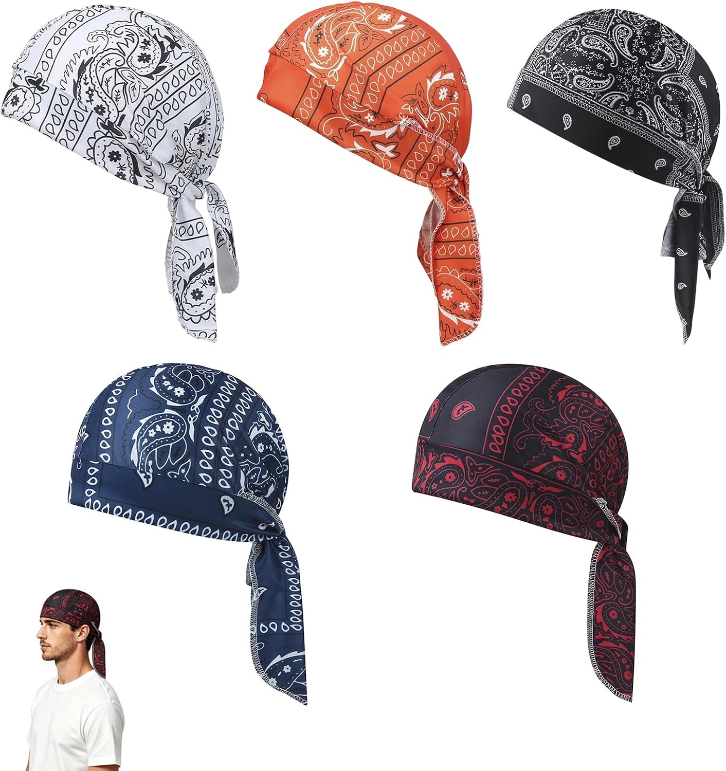 5Pack Cooling Headscarf Cap Set, Breathable Bandana Beanie with Elastic Fit & Adjustable Straps