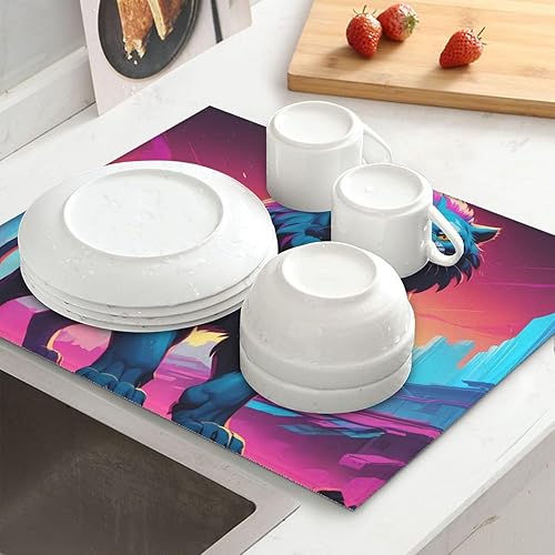 Miniatura 7 de Synthwave Sabertooth Pattern Drying Mat for Kitchen  Made of sponge Water absorbent, With lanyard for hanging 18 x 16 in