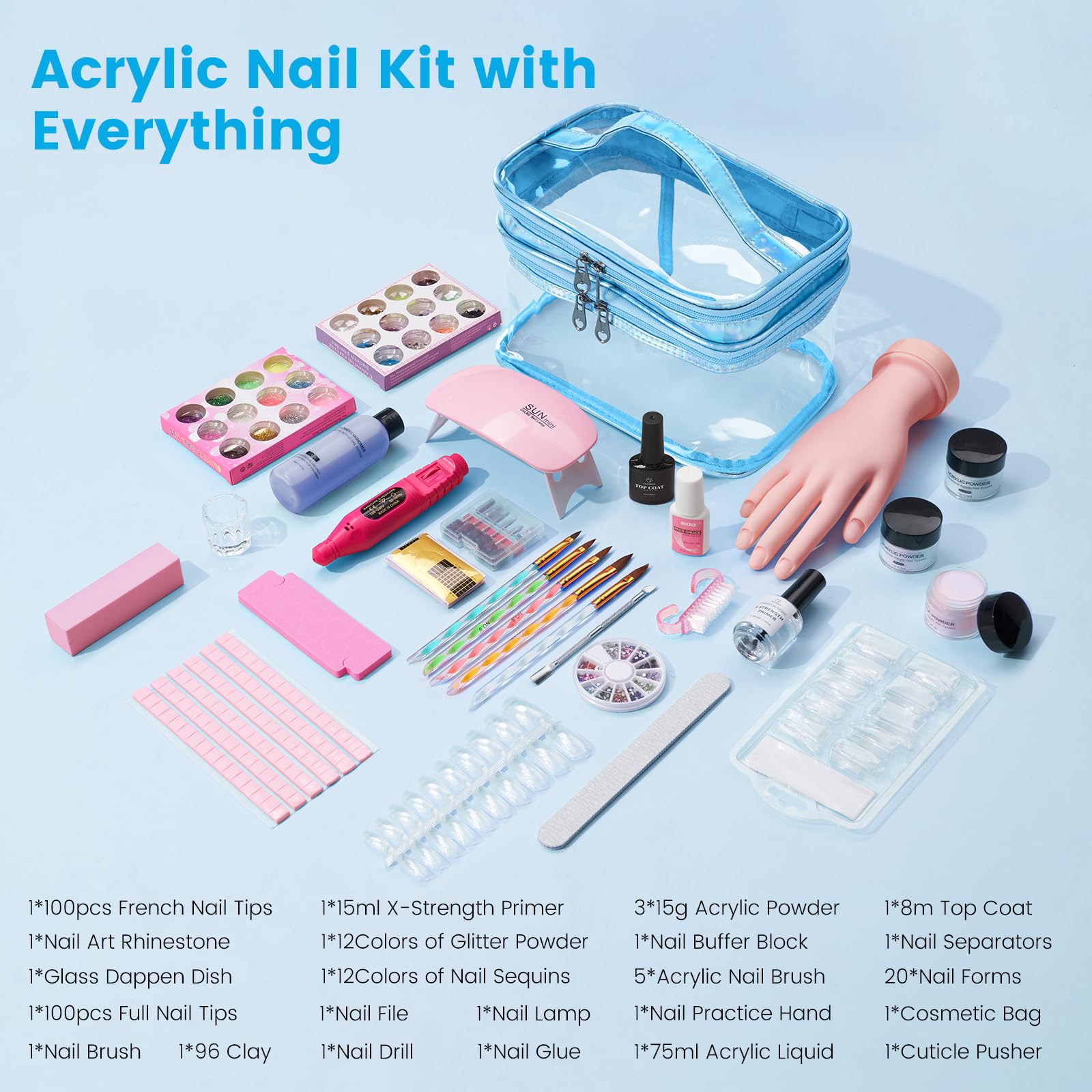 Deciniee Kit per unghie acriliche: set completo di polvere acrilica per esercitarsi a mano con lampada UV e trapano elettrico per unghie, set completo per manicure per principianti, casa, salone