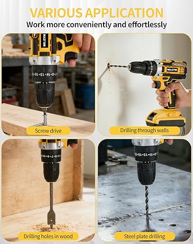 Miniatura 5 de Taladro inalámbrico - 25+3 torque, motor sin escobillas, 1500RPM con 2 baterías, luz LED y juego completo de taladro con estuche (juego de 24 piezas)