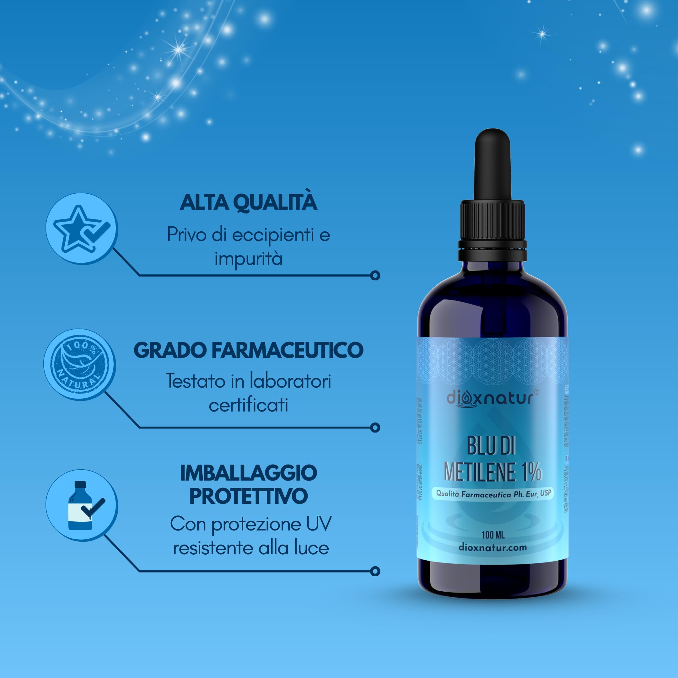 Blu di Metilene 1% USP 100 ml, Alta Purezza, Pipetta Integrata