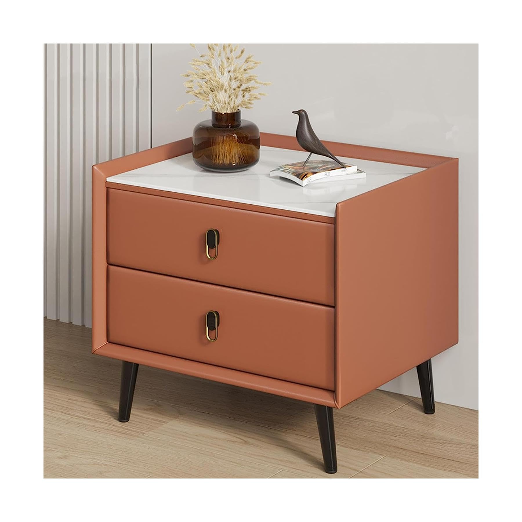 BHGFYXBS Nightstand Nordic Leather End Table Faux Marble Top Bedside Table W/2 Drawer Bedside Dresser Wooden Square Bedside Cabinet,Blue,Orange,Orange