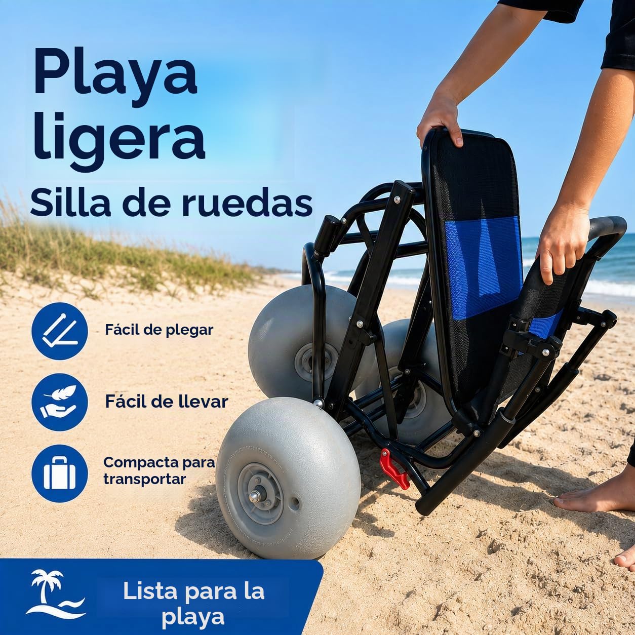 Silla De Ruedas En La Playa De Todo Terreno, Silla De Ruedas Plegable Con Neumáticos Con Globo Para Arena Suave, Silla Compacta Con Ruedas De Globo Para Playa, Hierba, Grava Y Acceso Al Agua