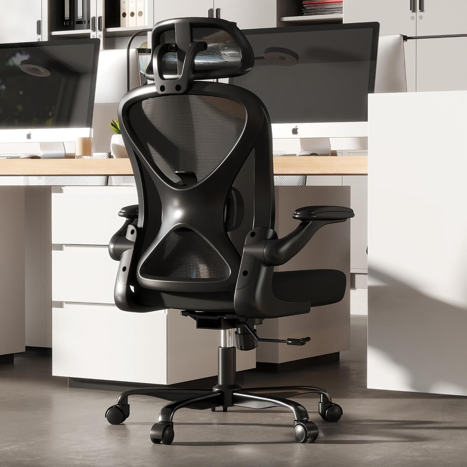 Keratee Ergonomic Office chair with Adjustable Lumbar support & Headrest, Mesh Home Computer Desk chair with Flip-Up Arms, 360° Wheels and Height Adjustment, Black