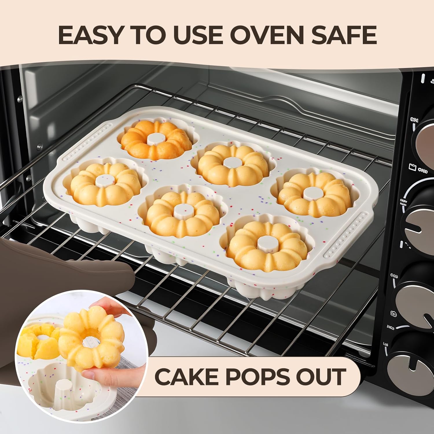 FUNBAKY Mini Fluted Tube Cake Pans with Metal Reinforced Frame 6-Cavity 2Pcs & 10 Inch Silicone Large Heart Cake Pan with Metal Reinforced Frame(2 Pack)