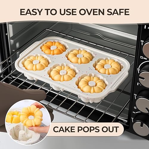 Miniatura 5 de FUNBAKY Mini moldes de tubo estriado para hornear con marco reforzado de metal, 2 moldes de silicona de 6 cavidades, molde antiadherente para