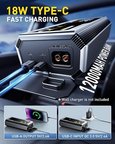 Miniatura 7 de AUXITO Arrancador de 6000 A, batería de coche de 12 V, hasta todo el motor diésel de gasolina y 12L con pantalla LED, caja de salto portátil con 3