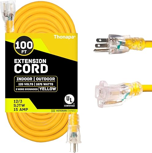 Cable de extensión para exteriores de 100 pies, cable de extensión amarillo resistente de 123 con enchufe de conexión a tierra de 3 clavijas para