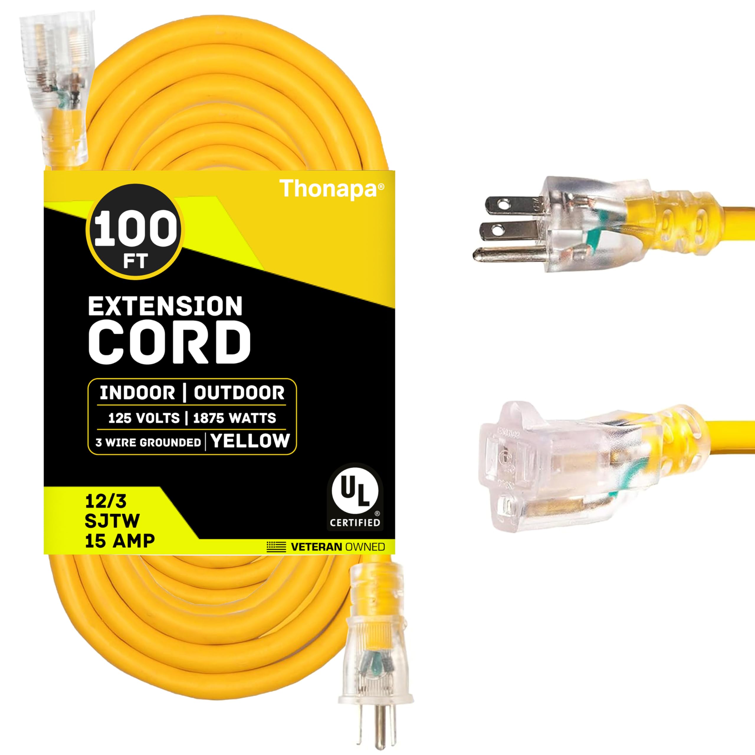 Thonapa 100 Foot Outdoor Extension Cord, 12/3 Heavy Duty Yellow
