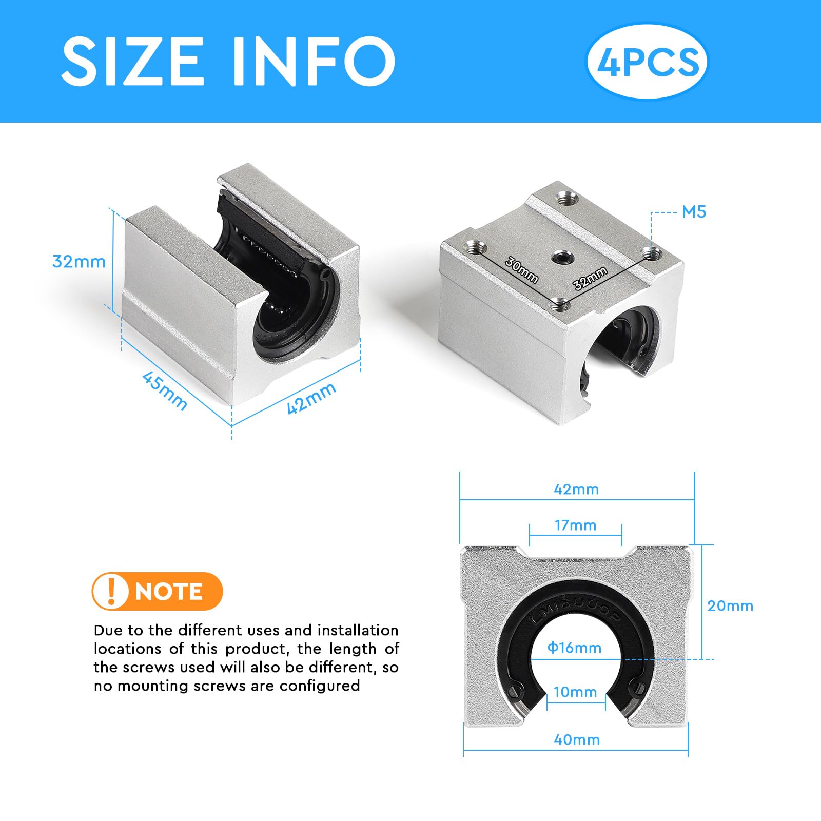SWAWIS 4 Pièces SBR16UU Bloc Linéaire de Glissière à Roulement, Alliage d'Aluminium Matériau, pour Machines Appareils électroniques CNC