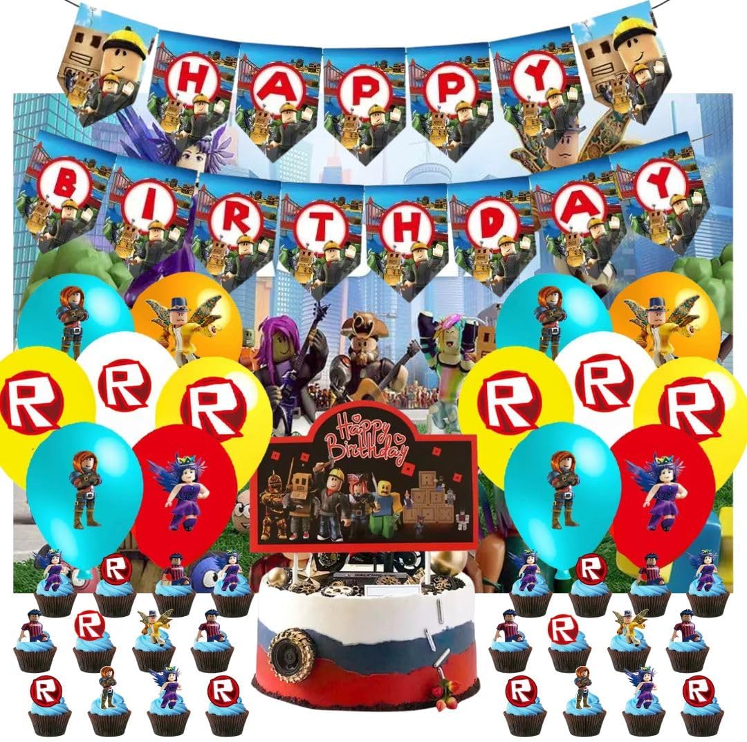 59Pcs Video Game Birthday Decorations Happy Birthday, Birthday Party Supplies with Cake Toppers, Balloons, Happy Birthday Banner, Backdrop, Large Cake Topper