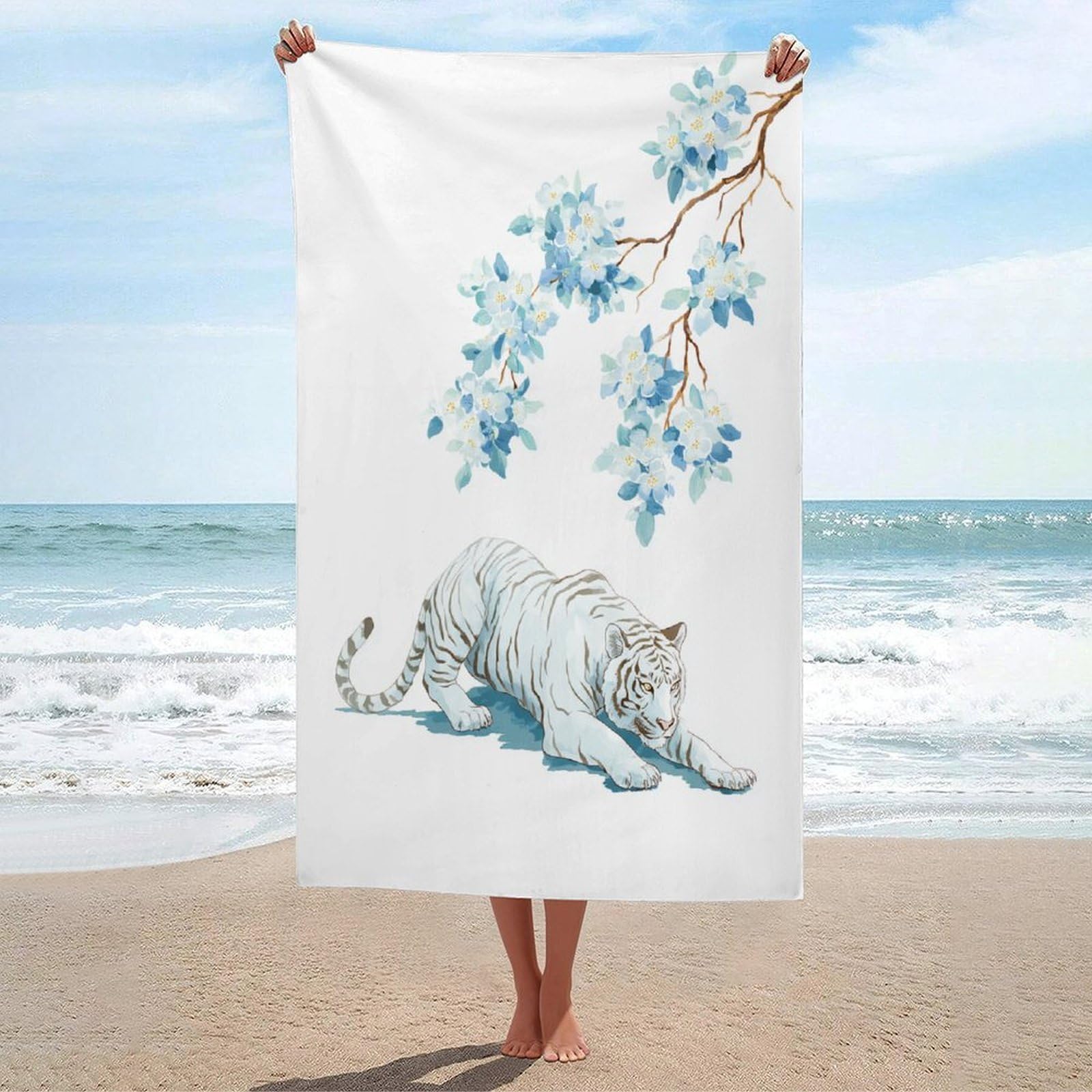LSRCPD Simple Watercolor White Tiger Beach Towel Sand Free Microfiber Large Shower Towels Multipurpose Absorbent for Bathroom Pool 130x80 CM