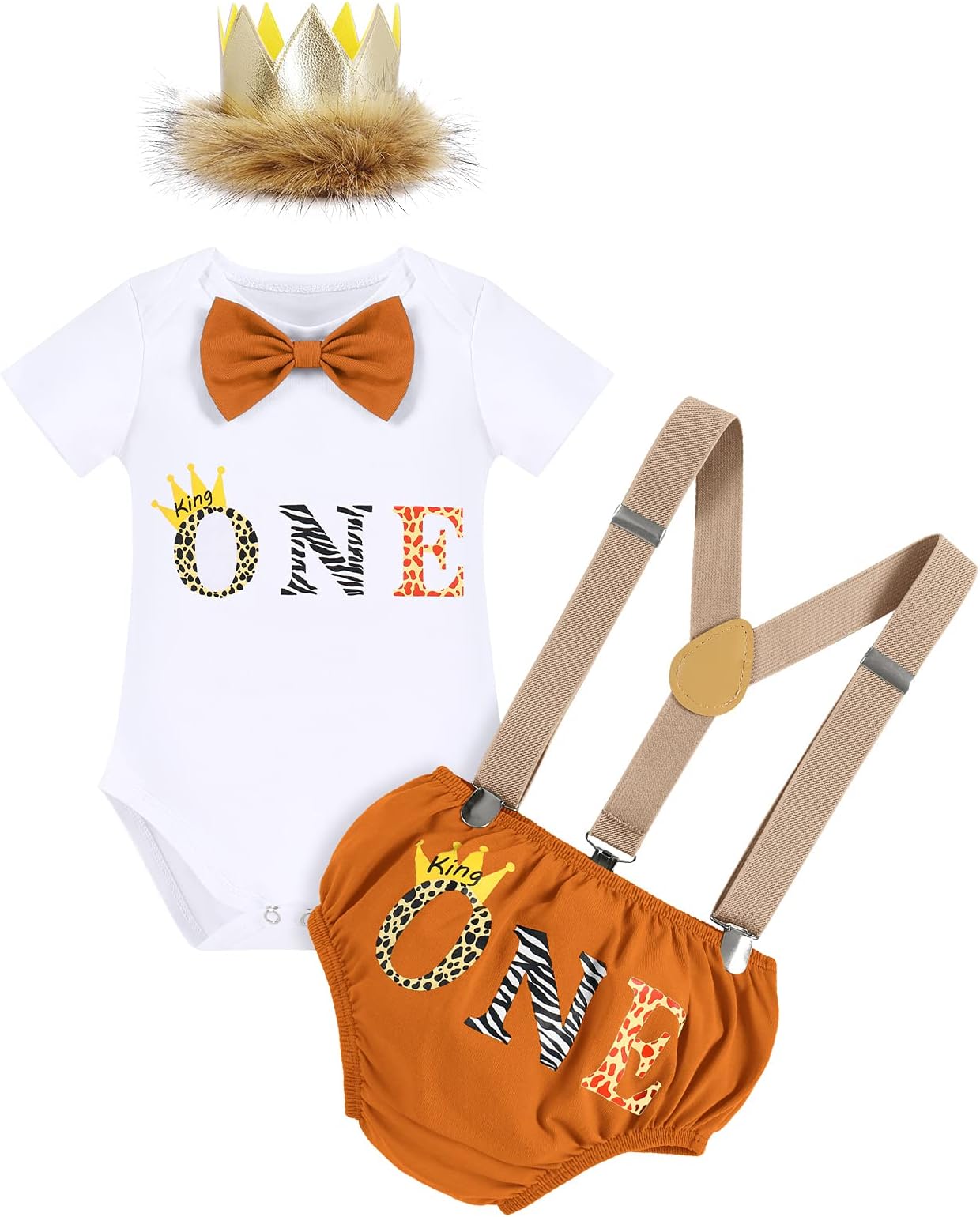 IMEKISBaby Boy Wild One 1st Birthday Outfit Cake Smash Lion Bowtie Romper + Shorts + Suspenders + Crown Headband Photo Shoot