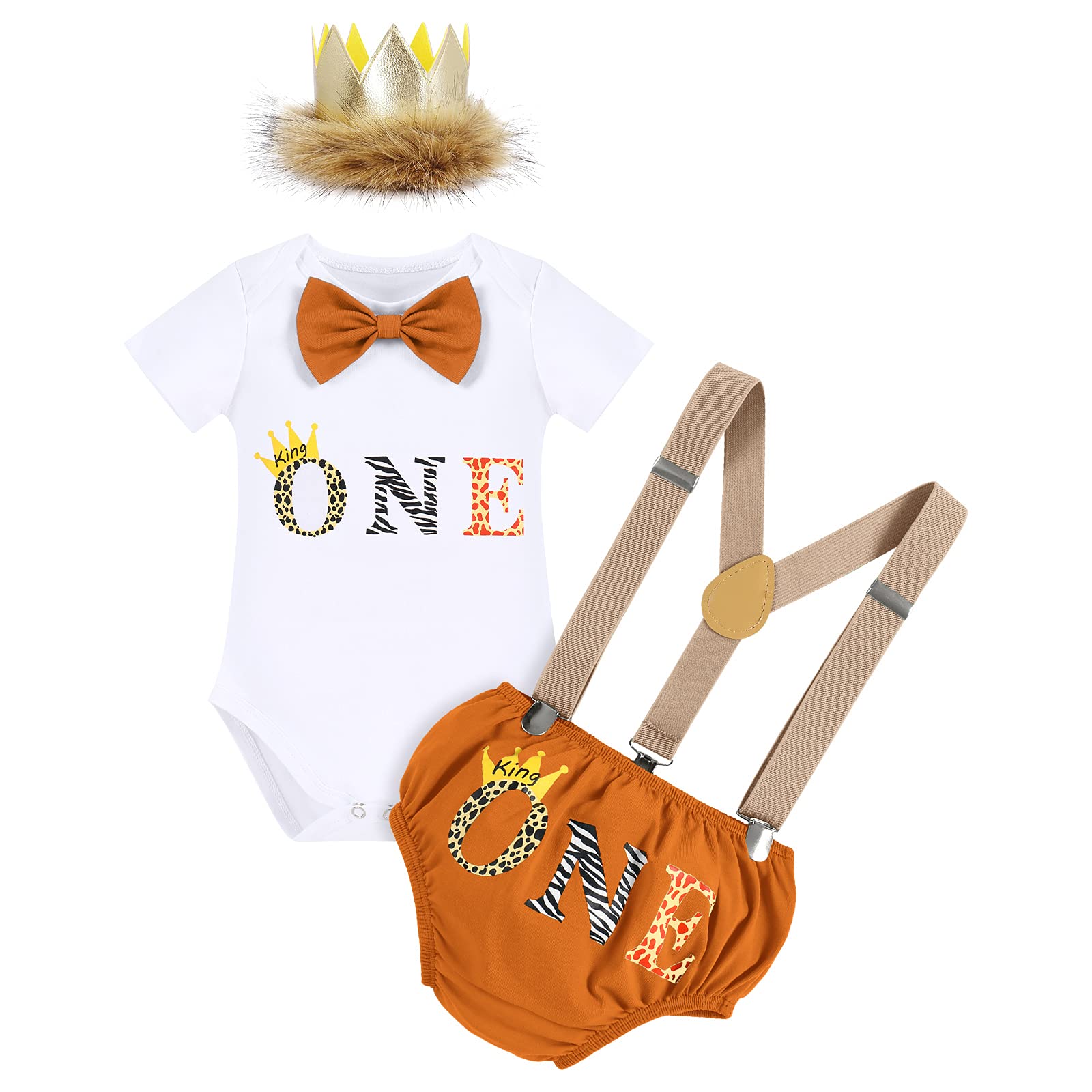 IMEKISBaby Boy Wild One 1st Birthday Outfit Cake Smash Lion Bowtie Romper + Shorts + Suspenders + Crown Headband Photo Shoot