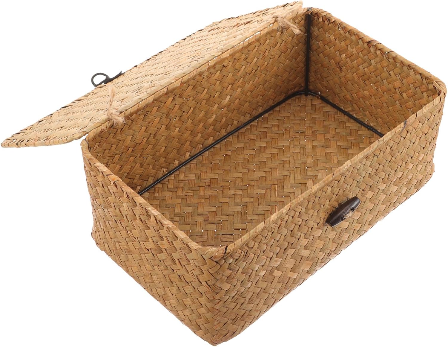 VOSAREA Rectangular Woven Storage Basket 26x16x10cm with Lid, Hand-woven Seagrass Organizer Bin for Desktop Sundries and Household Storage
