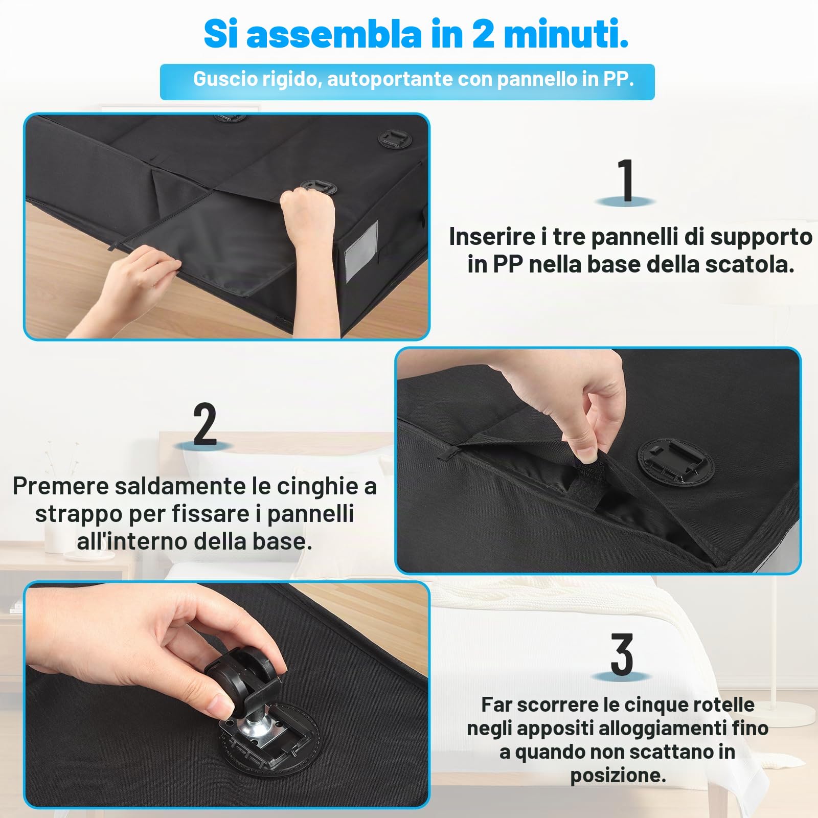 Kukikan Contenitore sotto il letto su ruote, confezione da 2 pezzi, 24 cm, XXL, 60 l, borsa portaoggetti con cerniera, semplice da montare, con coperchio ed etichetta, cassetti sotto il letto per
