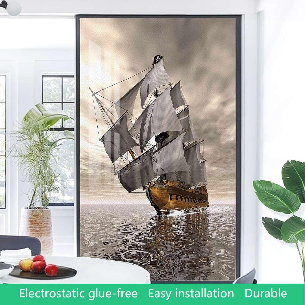Grey Pale Coffee Window Privacy Film Frosted Glass Static Clings Vessel Cloudy Sky Voyage Exploration Theme Privacy Window Film Frosted Window Treatments Ocean 35.4Wx59L-inch