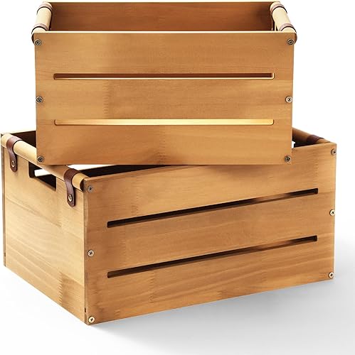 Chunful Juego de 2 cajas de madera rústica grandes de madera rústica con asas recortadas de 15.3 x 11 x 7.8 pulgadas y 13.3 x 9.4 x 7 pulgadas, caja