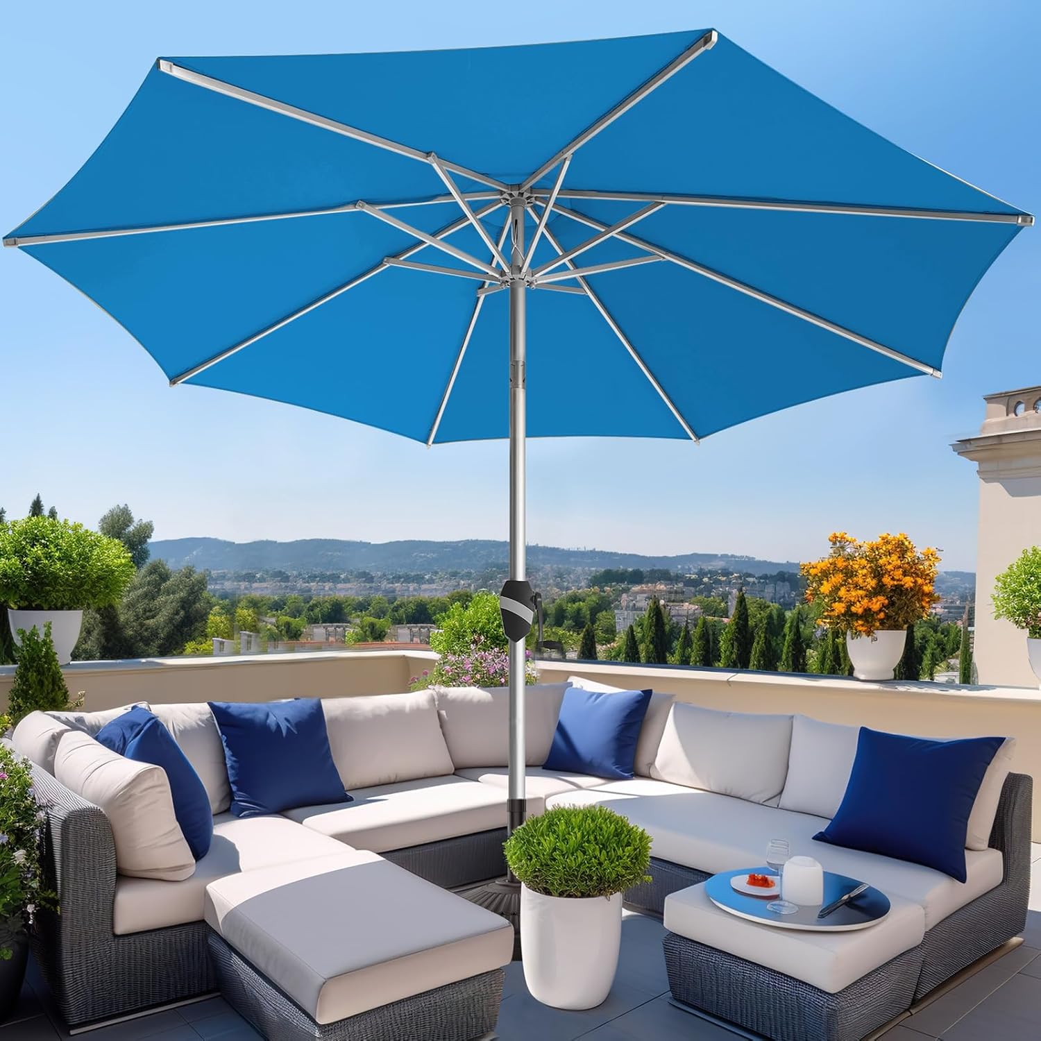 wikiwiki 10 FT Aluminum Outdoor Patio Umbrella, 5-YEAR Fade-Resistant Outdoor Market Table Umbrella with Push Button Tilt, for Pool, Deck, Garden and Lawn, Royal Blue 10 FT Royal Blue