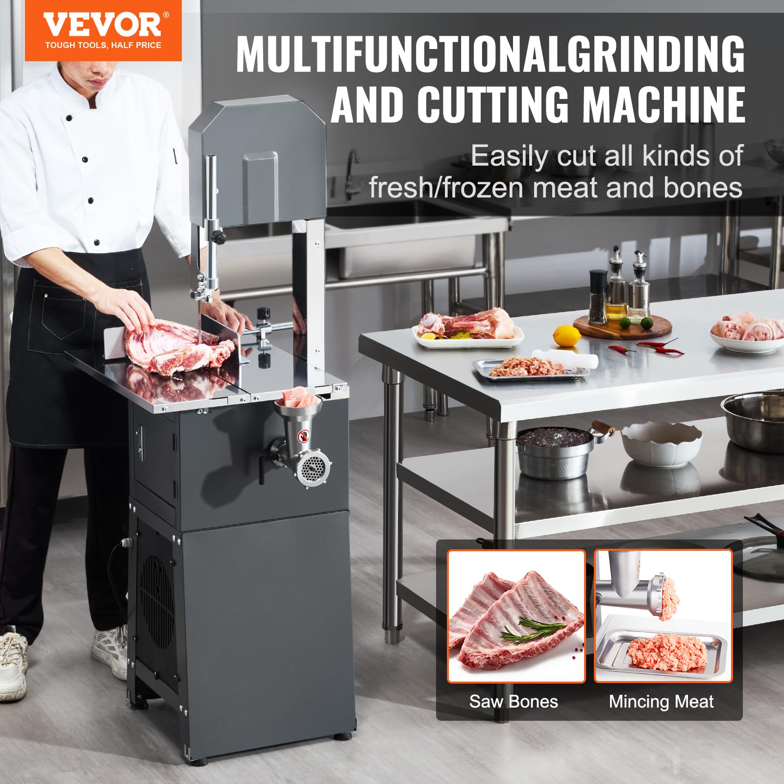 VEVOR Kommerzielle elektrische Fleischbandsäge, 850 W vertikale Knochensäge, 380 x 485 mm Werkbank, Knochenschneidemaschine, Gefrierfleischschneider mit Klinge für Rippchen, Schweinefleisch