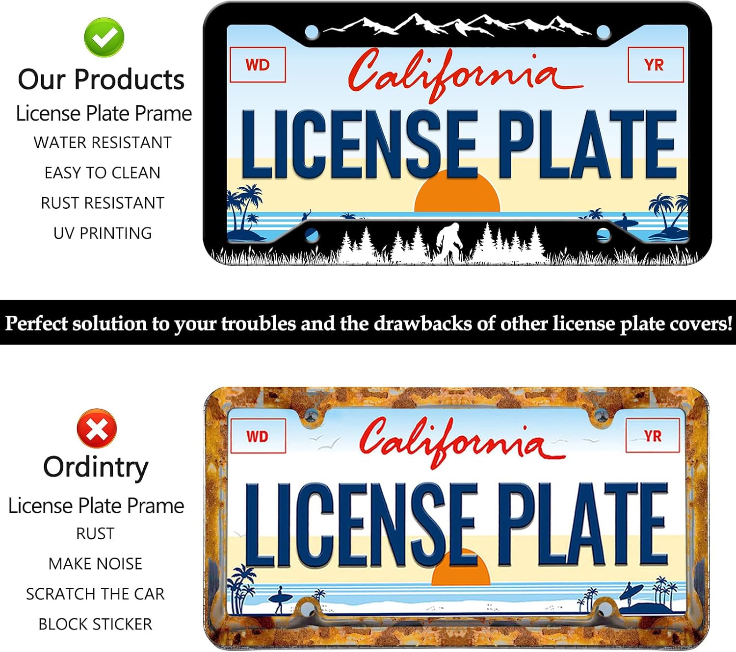 Mountain Bigfoot License Plate Frames - 2 Pack Forest Tree License Plate Holder Covers, Aluminum Metal Rust-Proof Waterproof Car Tag Frame with Screws Fasteners Caps