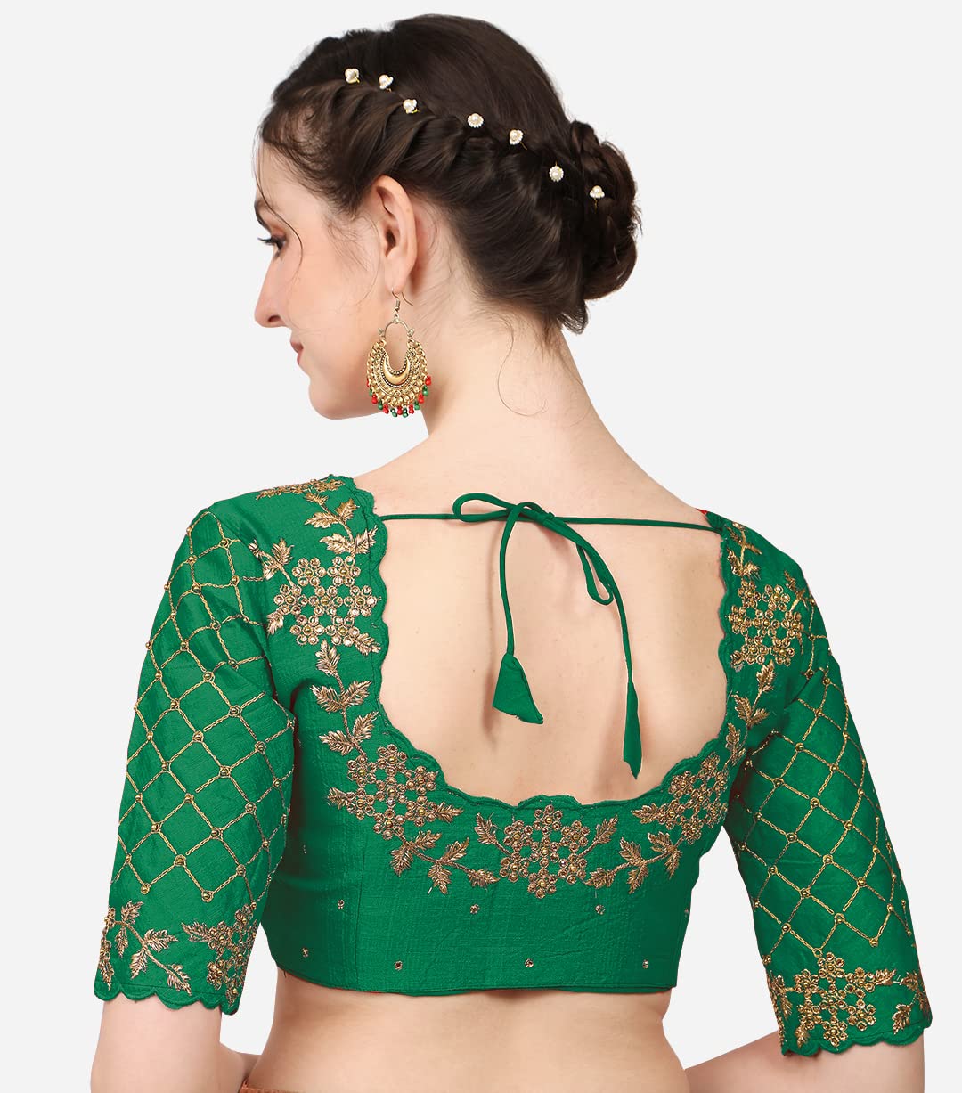 Pujia Mills Women's Embroidery Handwork, Rough Cut Work Stone Work Readymade Blouse (36, Green)