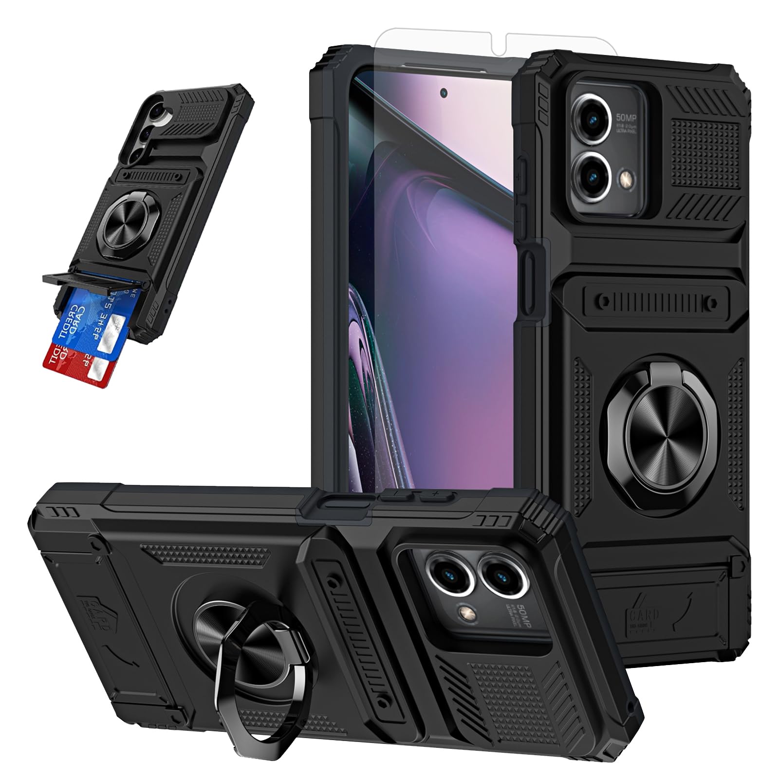Furiet Phone Case for Motorola Moto G Stylus 5G 2023 with Tempered Glass Screen Protector Card Slot Ring Stand Soft Silicone Bumper Hybrid Two Layer