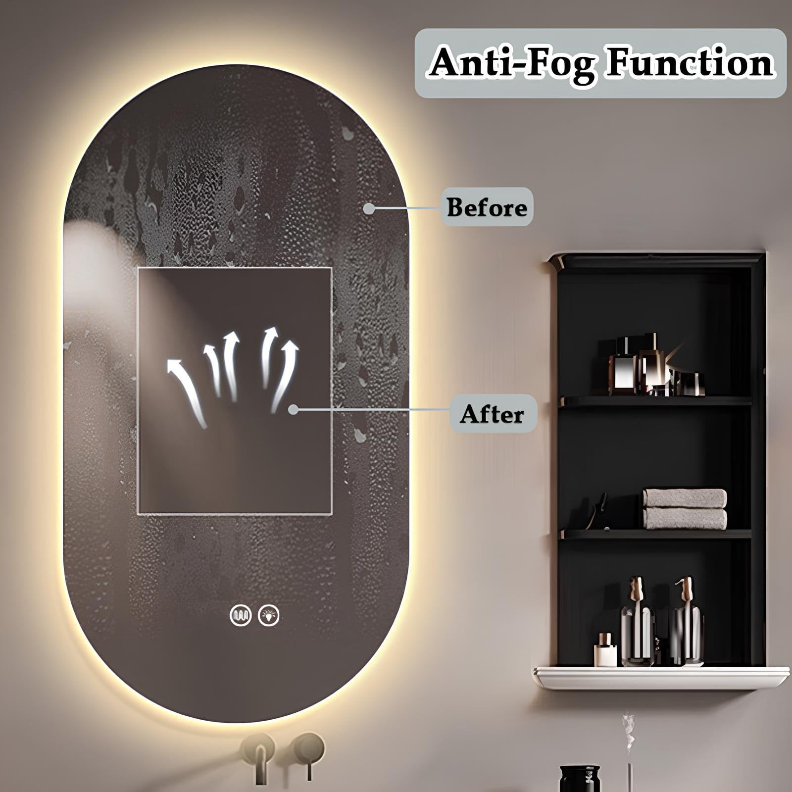 Espejo de Maquillaje Ovalado retroiluminado con Luces LED, antivaho, Control táctil y Regulable en 3 Colores (55 x 90 cm / 21,7 x 35,4 Pulgadas).