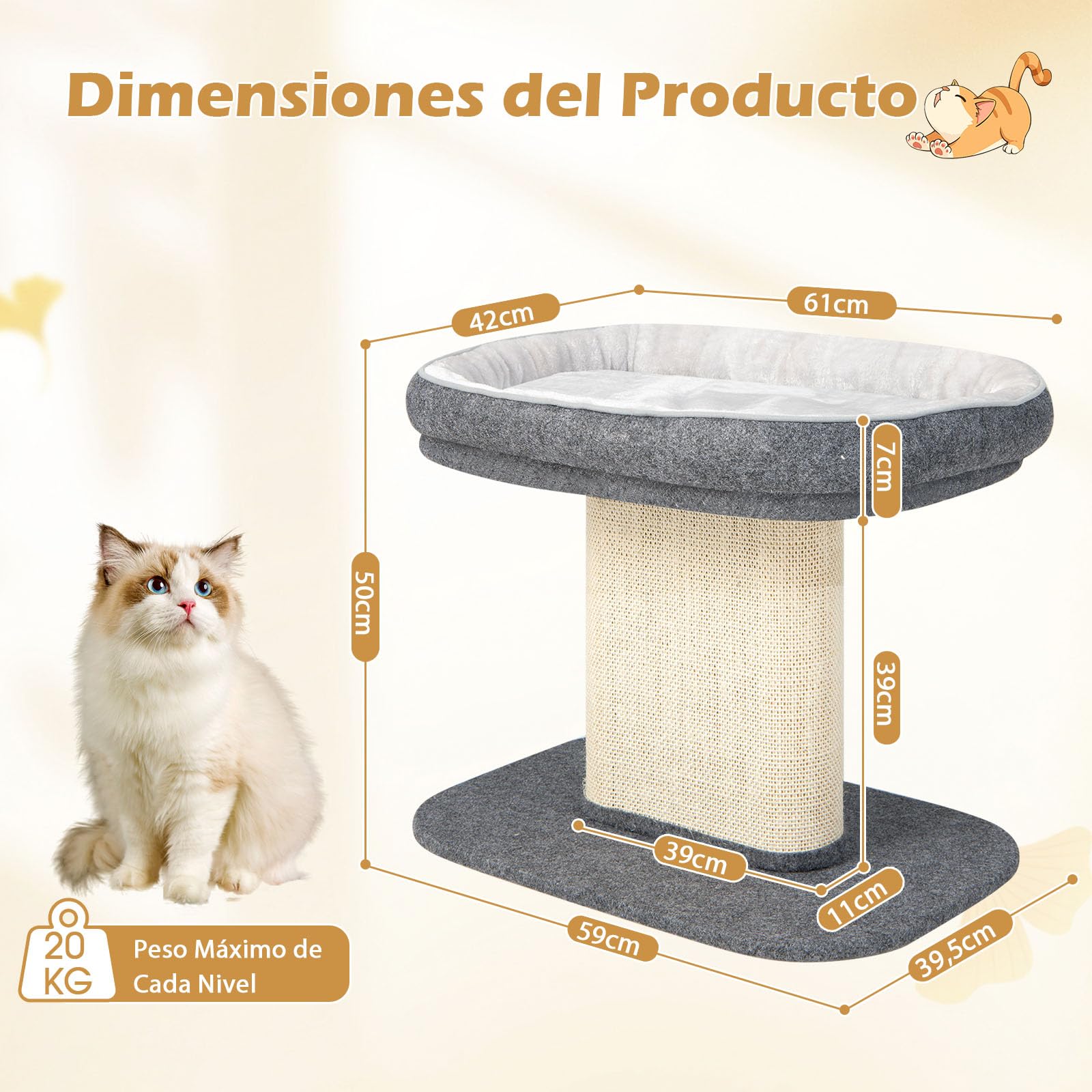 GYMAX Árbol Rascador de 50 cm de Alto para Gatos, Árbol de Escalada con Asiento de Felpa Suave, con Columna de Sisal y Pelota, Árbol de Actividad y Árbol de Juegos, para Pequeño Gato, Gris