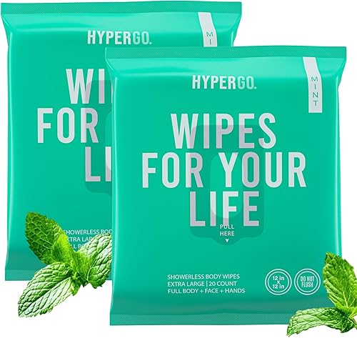 HyperGo Toallitas Corporales XL para Mujeres y Hombres  Toallitas de Limpieza Corporal Completa Sin Enjuague de 12" x 12", 2 Paquetes de 20 Unidades