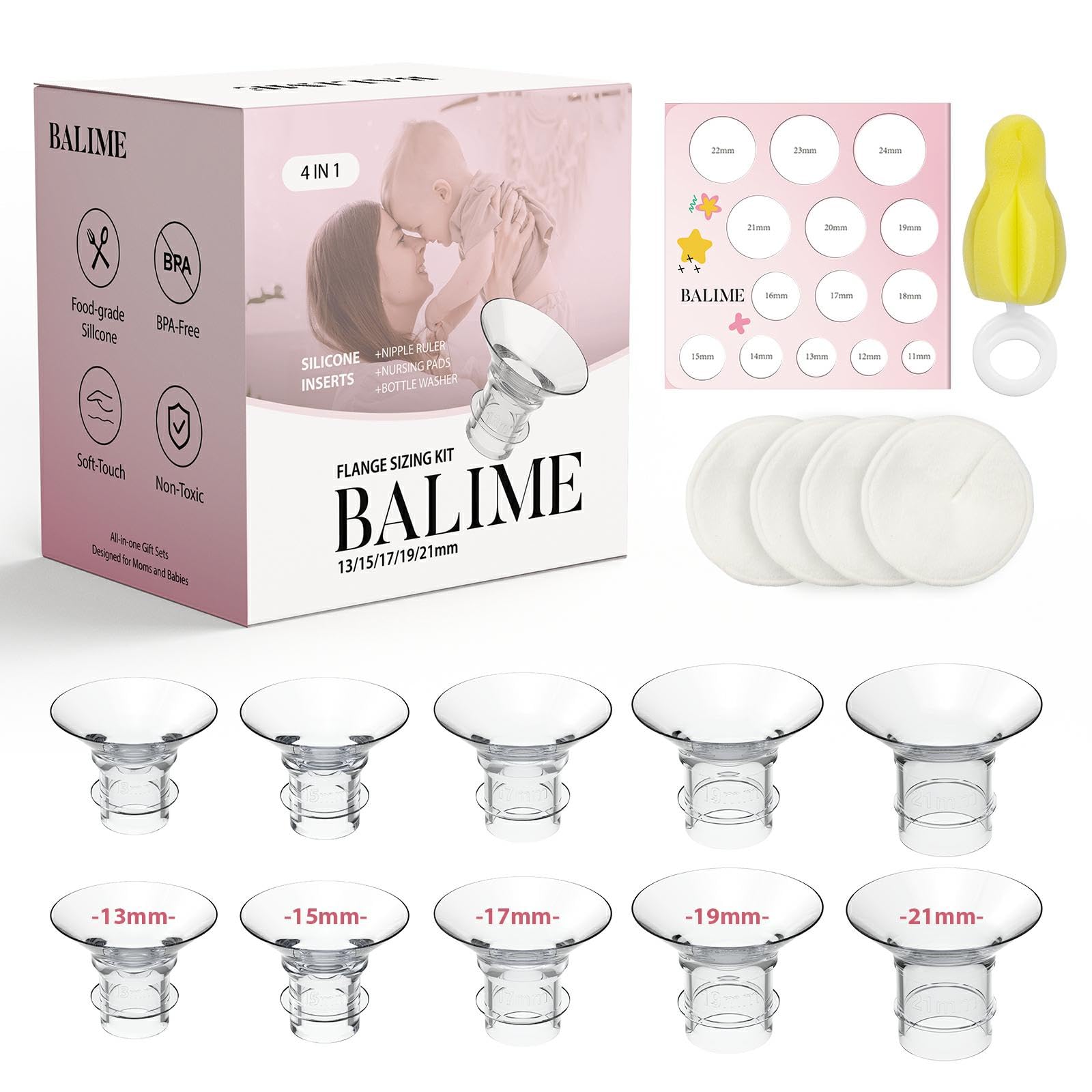 Flange Inserts for Breast Pump, BALIME 10PCS Flange Insert 13/15/17/19/21mm for 24mm Flange of Most Pump, Breast Pads, Nipple Measurement Card,Compatible with Medela Elvie Momcozy Spectra Bellababy