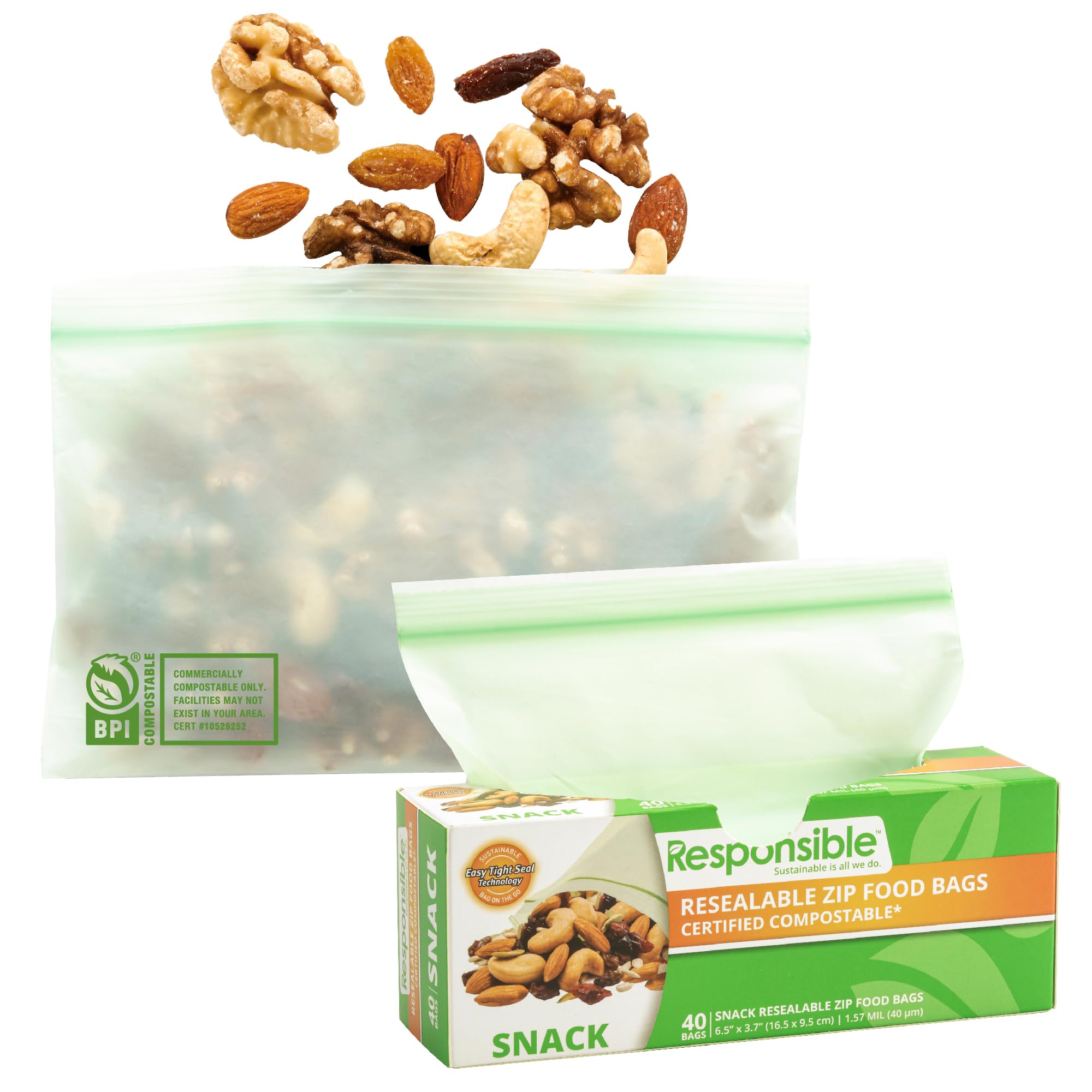 Responsible Products Certified Compostable SNACK Resealable Zip Bag, Extra Strength Food Bags, Plant-Based Freezer-Safe (40 Pack)