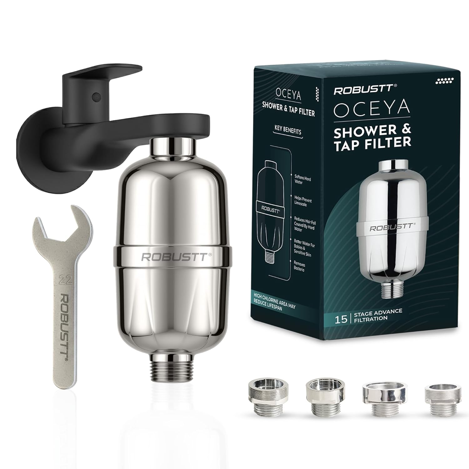 Robustt Oceya 15 Stage Hard Water Softener For Tap & Shower (Silver) | Reduces Hair Fall, Skin Dryness & Limescale | Water Purifier Filter For Tap, Shower & Handshower| Includes Kit & Manual Robustt Oceya 15 Stage Hard Water Softener For Tap & Shower (Silver) | Reduces Hair Fall, Skin Dryness & Limescale | Water Purifier Filter For Tap, Shower & Handshower| Includes Kit & Manual